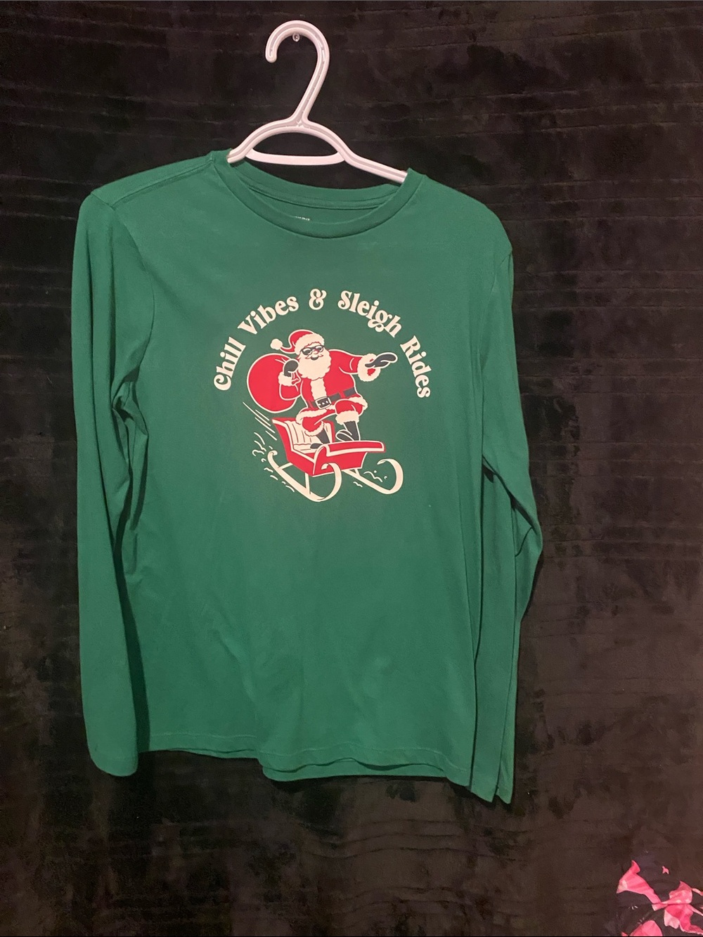 Holiday Time Green Long-Sleeve Tee with Santa Sleigh Graphic